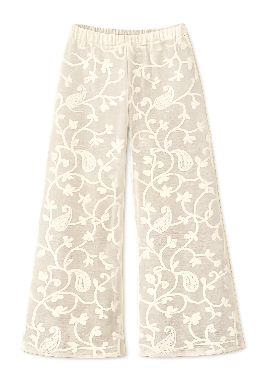 Calça Pantalona em Tela de Algodão Bordada