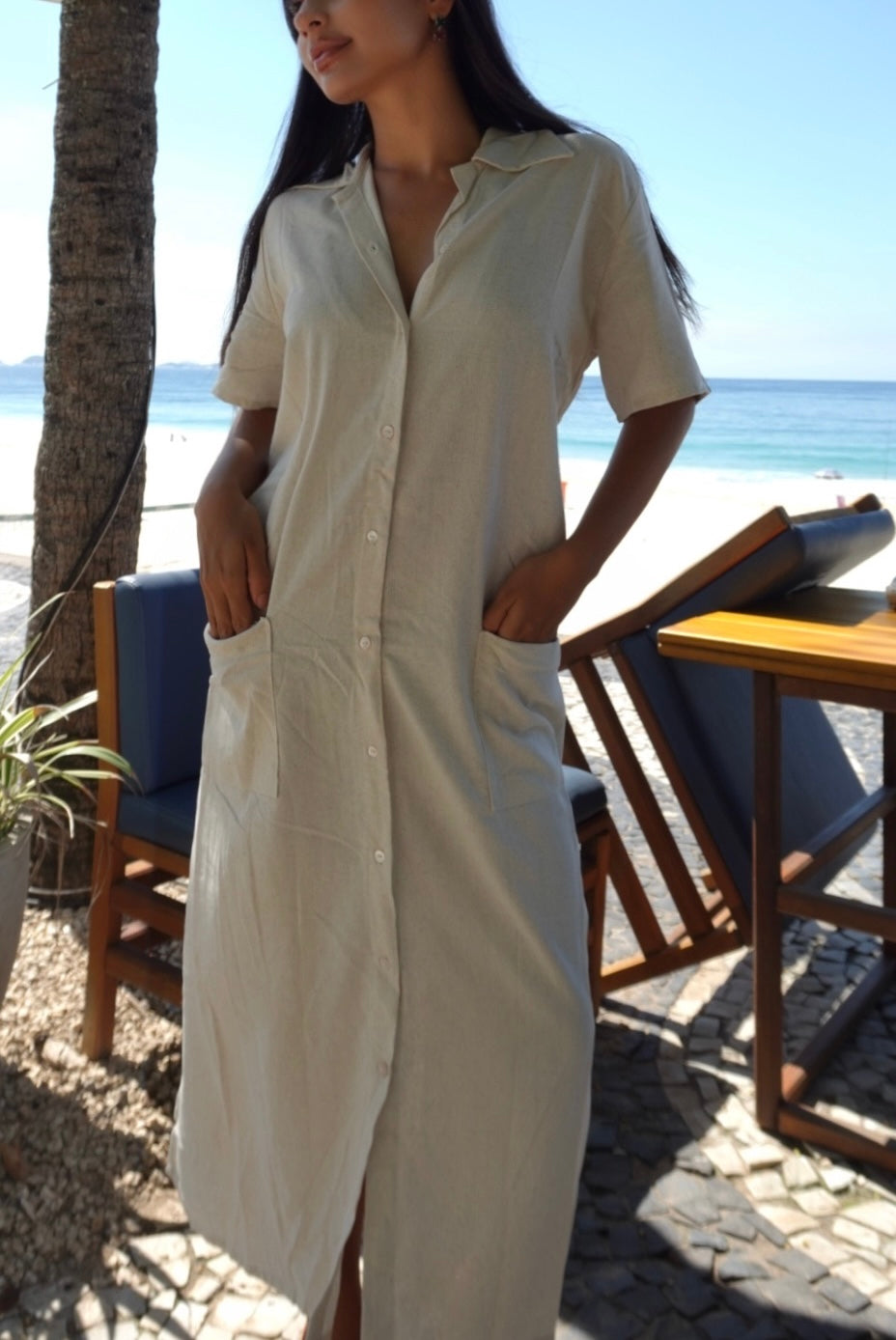 Vestido Chemise Longo em Linho com Bolsos