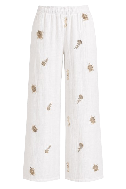 Calça Pantalona em Algodão Texturizado com Bordados Marinhos