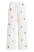 Calça Pantalona em Algodão Texturizado com Bordados Marinhos
